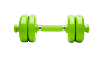Glossy green dumbbell for fitness enthusiasts provides a workout ready item isolated on transparent background