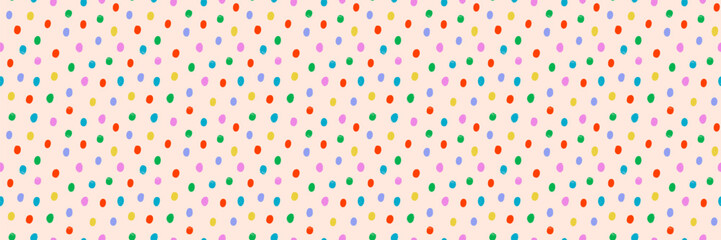 Colorful dot confetti pattern on cream background. Seamless vector texture for wrapping paper, fabric, packaging, prints, kids decor. Playful and bright. Drag to swatches panel to use