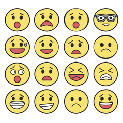 Fototapeta premium Collection of diverse cartoon smiley face emojis expressing various emotions and reactions against a white background