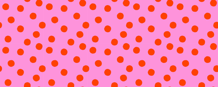 Seamless pattern background with orange dots on pink. Vector confetti polka dot texture, simple and playful abstract print. Perfect for fabric, wrapping paper, wallpaper, branding. Drag to swatches.