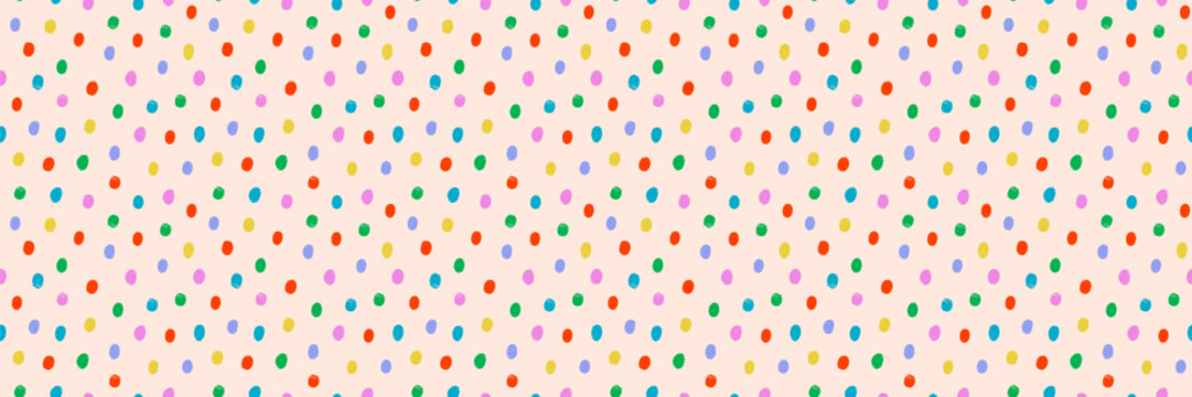 Colorful dot confetti pattern on cream background. Seamless vector texture for wrapping paper, fabric, packaging, prints, kids decor. Playful and bright. Drag to swatches panel to use