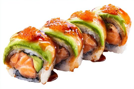realistic photograph of sushi rolls with salmon and avocado on a white background, isolated, high-resolution photography, high-quality dett.