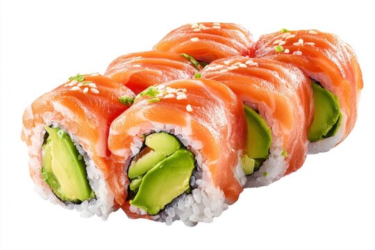 realistic photograph of sushi rolls with salmon and avocado on a white background, isolated, high-resolution photography, high-quality dett.