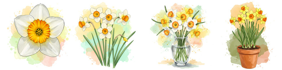Watercolor daffodil flower illustration set for spring designs and floral themed projects, one hundred chars on transparent background