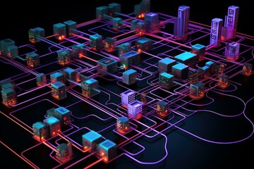 Complex network of servers and buildings interconnected, symbolizing smart city infrastructure and data flow in urban environment