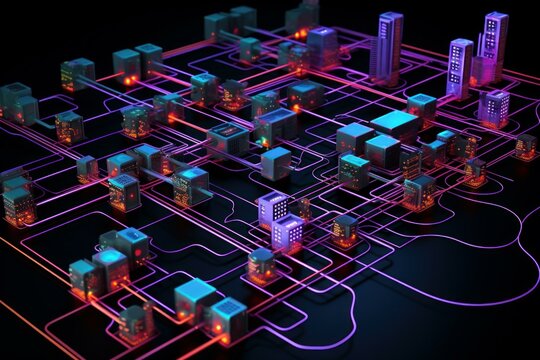 Complex network of servers and buildings interconnected, symbolizing smart city infrastructure and data flow in urban environment