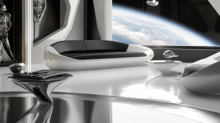 Spaceship interior. View on open space or planet. Futuristic sci-fi laboratory or corridor with neon light.