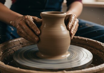 Close-up of hands shaping a pot on a potter's wheel