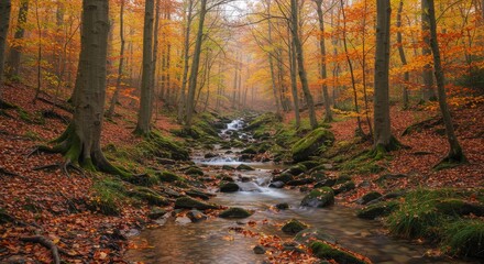 Fototapeta premium Autumnal stream flowing through a colorful forest