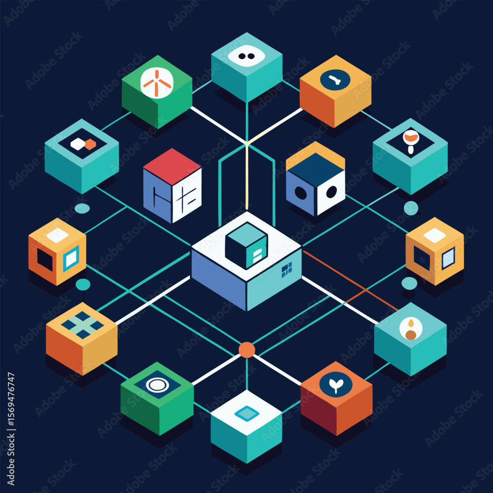 Poster abstract isometric cube composition representing connection network communication data exchange inno