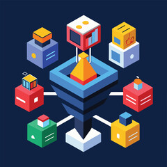 Obraz premium Abstract isometric data flow concept depicting data transfer and information processing with graphic elements.