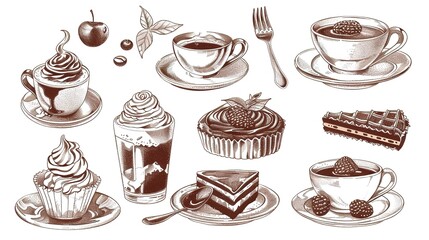 Whimsical Hand-Drawn Coffee & Dessert Illustrations: A Cozy Blend of Sketched Lattes, Fluffy Cakes, and Rustic Sweets – Capturing the Warmth of Café Treats with Imperfect Lines and Watercolor Hues