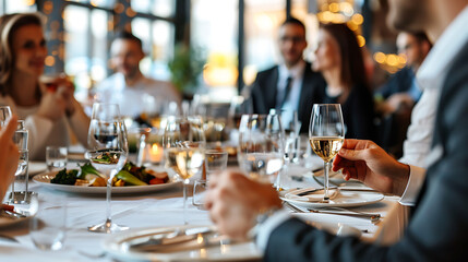 Group of people enjoying a celebratory dinner at a fancy restaurant