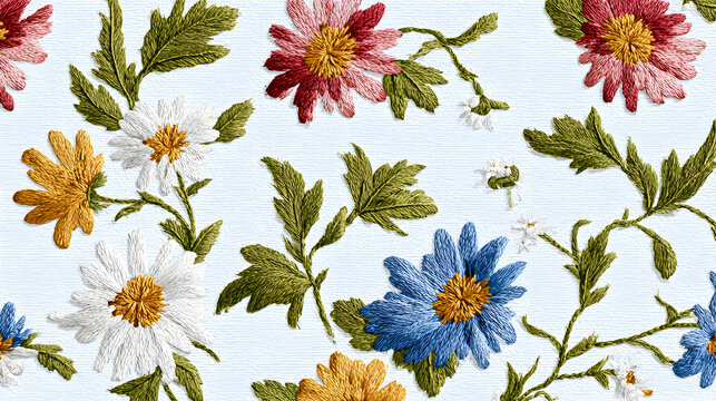 Colorful floral embroidery design featuring various flowers and leaves on a light background