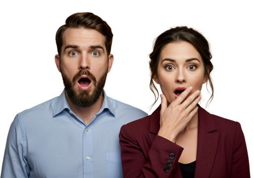 A group of two people reacting to surprising news on transparent background