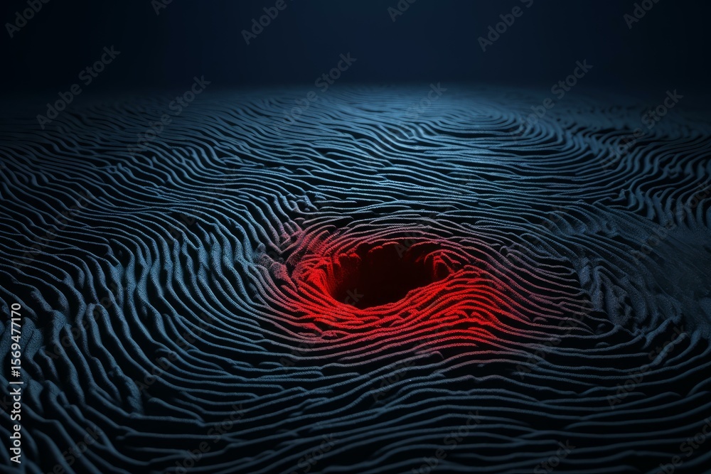 Fototapete Wavy fingerprint texture with a red glowing hole creating a depth illusion, suitable for security and technology concepts