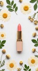 Elegant pink lipstick adorned with delicate daisies and greenery