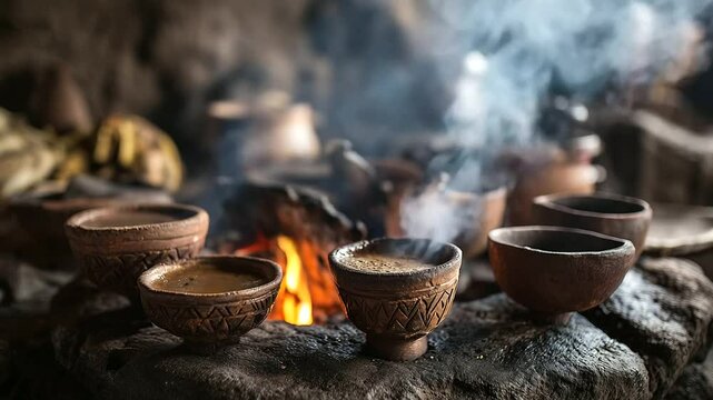 rustic Ethiopian coffee ceremony with traditional cups, open fire, and warm smoke Keywords Ethiopia, ceremony, coffee, rustic, tradition, fire, smoke, cups, cultural, earthy