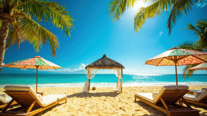 Tropical beach scene with thatched gazebo lounge chairs colorful umbrellas palm trees and turquoise ocean under bright blue sky
