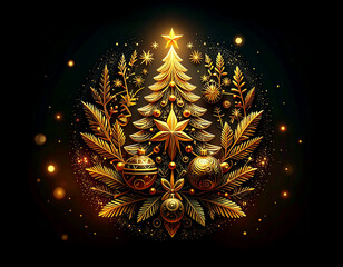 Golden Christmas tree illustration on dark background with many decorative branches, decorations, stars.