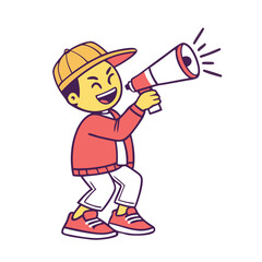 Excited cartoon boy wearing a cap and jacket shouting through a megaphone