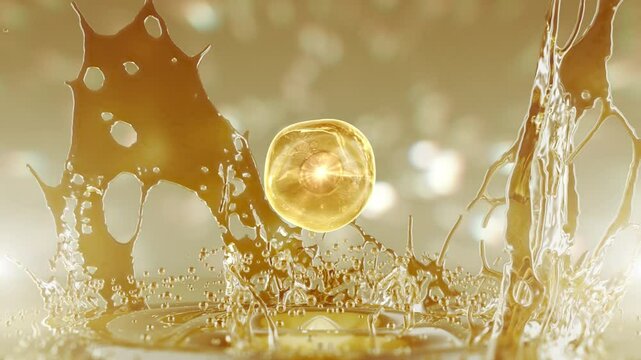 A drop of collagen essence falls and creates a splash of water liquid. Concept of beauty and youth cosmetics solution.