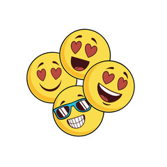 Four happy yellow emojis with heart eyes and one wearing cool sunglasses
