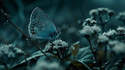 Enigmatic butterfly portrait featuring intricate wing patterns with a dreamlike floral backdrop