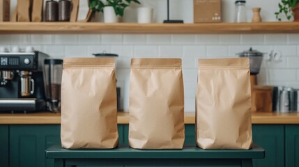 Eco-Friendly Compostable Packaging Displayed for Coffee Beans in Modern Kitchen Setting