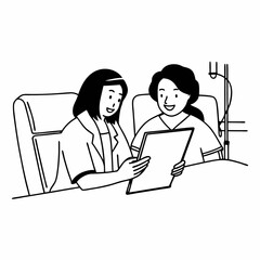 Happy female doctor and senior patient look at tablet screen discuss treatment or therapy on gadget. Smiling woman nurse and mature client use pad device discussing results in modern hospital