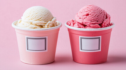 Compostable Packaging for Gourmet Ice Cream in Stylish Cups on Pink Background