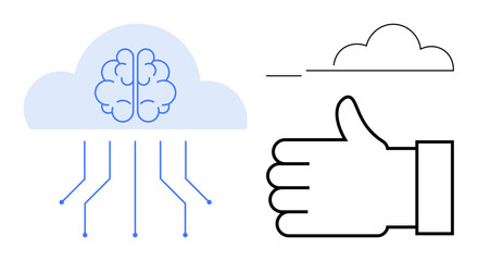 Brain design in cloud with neural connections, hand giving thumbs up. Ideal for innovation, AI, cloud computing, neural network, technology approval, digital communication, simple landing page