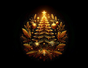 Golden Christmas tree illustration on dark background with many decorative branches, decorations, stars.