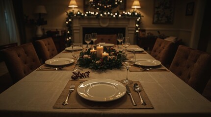 Elegant dining setup with warm lighting and festive decorations in a cozy interior during the...