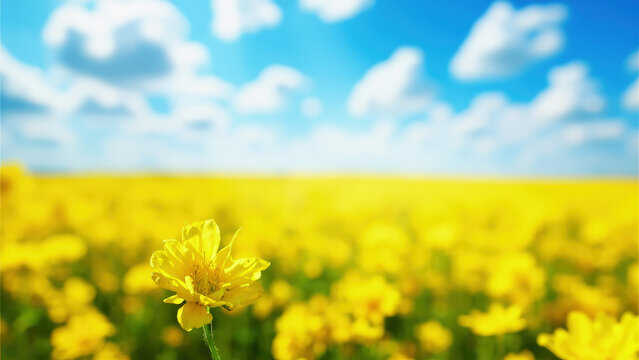 Yellow flower in focus against a blurred field of yellow flowers under a blue sky with white clouds on a sunny day