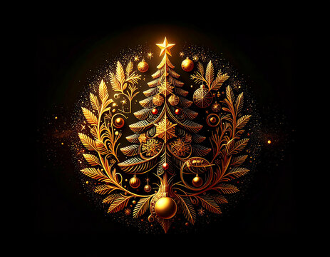 Golden Christmas tree illustration on dark background with many decorative branches, decorations, stars.