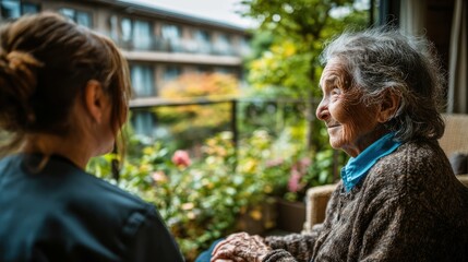 Inspiring scene young nurse supports elderly patient at home bringing heartwarming connection with nature