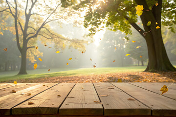 Fall Forest Trail with Wooden Table Front View