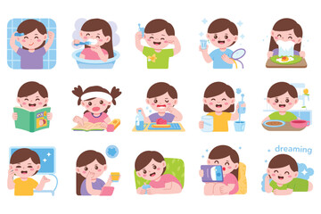Adorable Daily Routine Illustrations Kids' Activities, Hygiene, and Fun