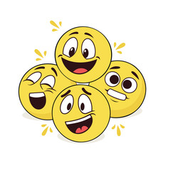 Group of happy and excited cartoon smiley faces with expressive eyes and mouths
