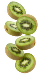 Fototapeta premium Flying kiwi and half slices isolated on transparent white background