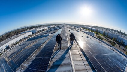 Fototapeta premium solar panels on the roof. a clear blue sky. a man walking across a bridge in the rain