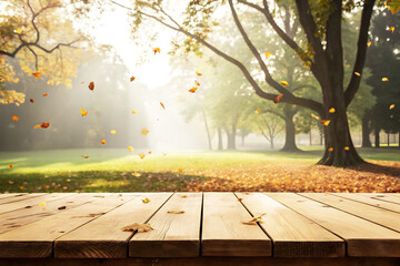 Autumn Leaves Falling Over Wooden Table in Sunlight Forest