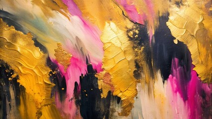 Abstract oil painting, gold yellow, pink, black brush strokes background, wallpaper, paint texture, bold art, expressive artwork, fine realistic detail, modern style, evoking vibrant emotions, feeling