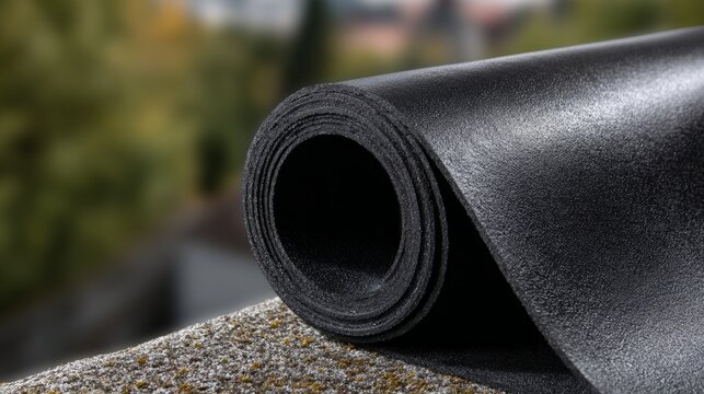 Epdm rubber roofing material on matte black surface for construction.