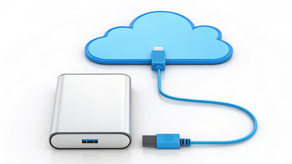 Cloud connect network cable memory concept with external hard drive and blue cloud shape connected by wire