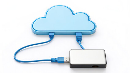 Cloud connect network cable memory device concept with blue cloud shape and external hard drive connected by blue cable