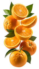 Flying orange fruits with half slice and green leaves isolated on transparent white background
