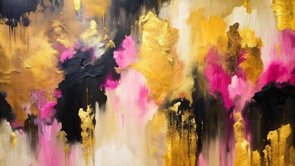 Abstract oil painting, gold yellow, pink, black brush strokes background, wallpaper, paint texture, bold art, expressive artwork, fine realistic detail, modern style, evoking vibrant emotions, feeling