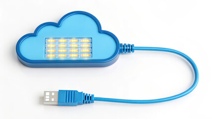Cloud connect network cable with glowing memory icon symbolizing data storage and transfer technology concept
